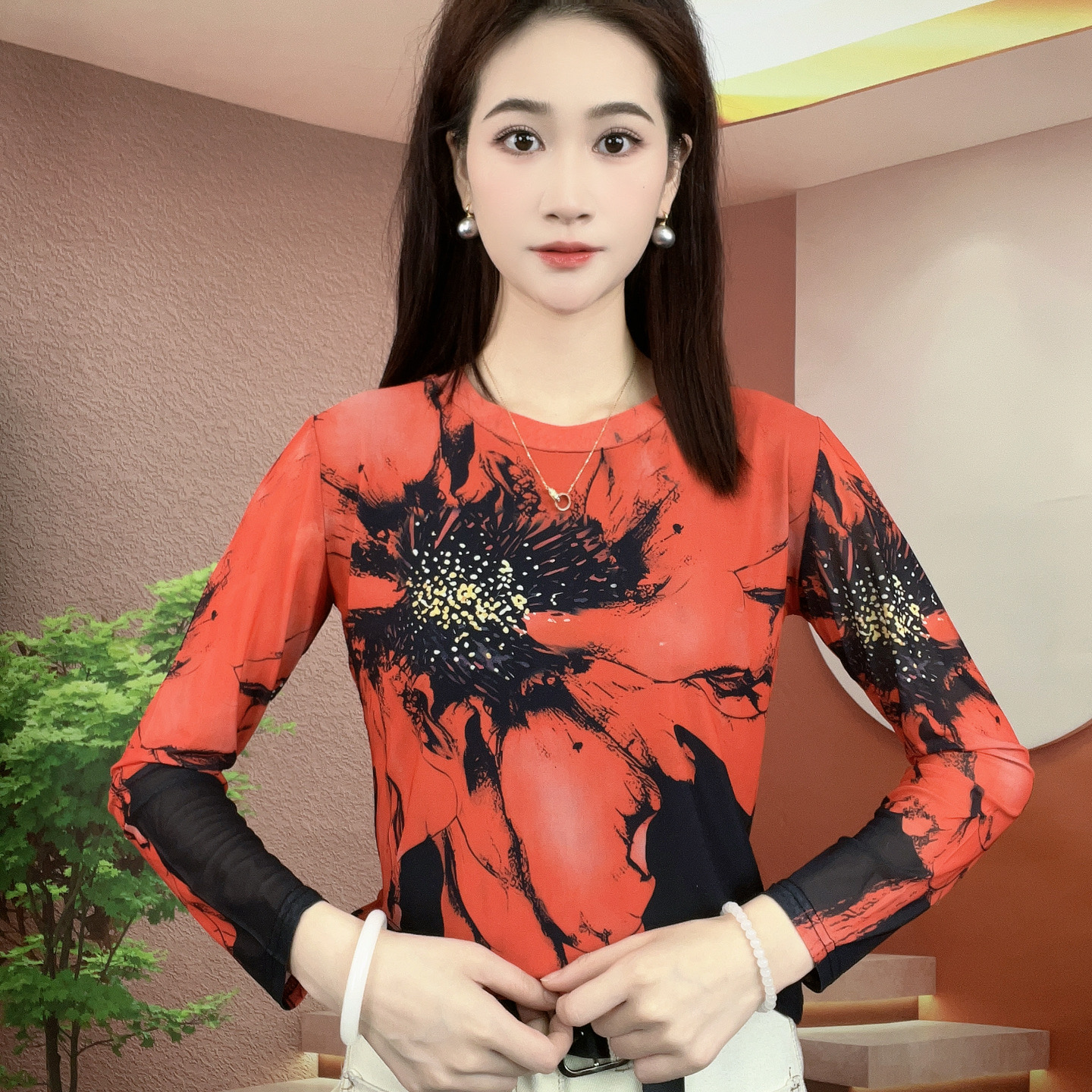 2025夏季新款长袖圆领肌肤纱时尚显瘦印花T恤上衣A252