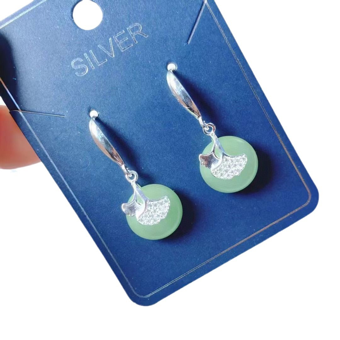 足银玻璃耳饰 足银平安扣银杏叶耳环