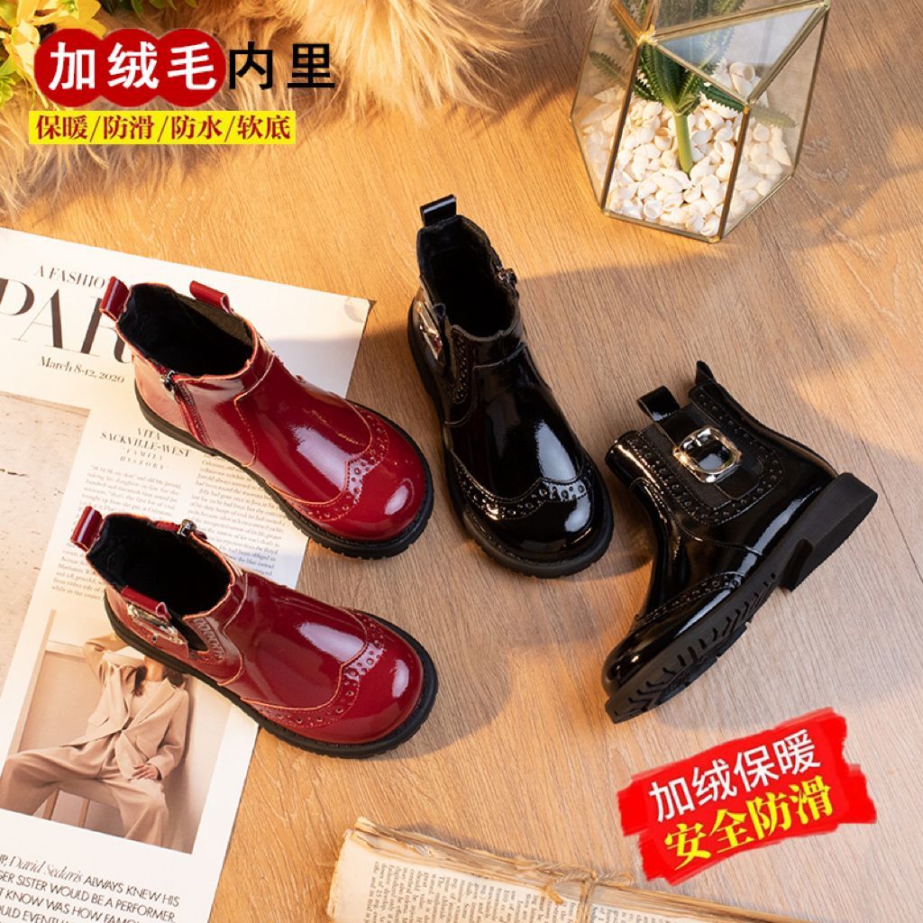 巴拉I巴拉真皮女童短靴秋冬季加绒软底防滑洋气公主儿童马丁靴