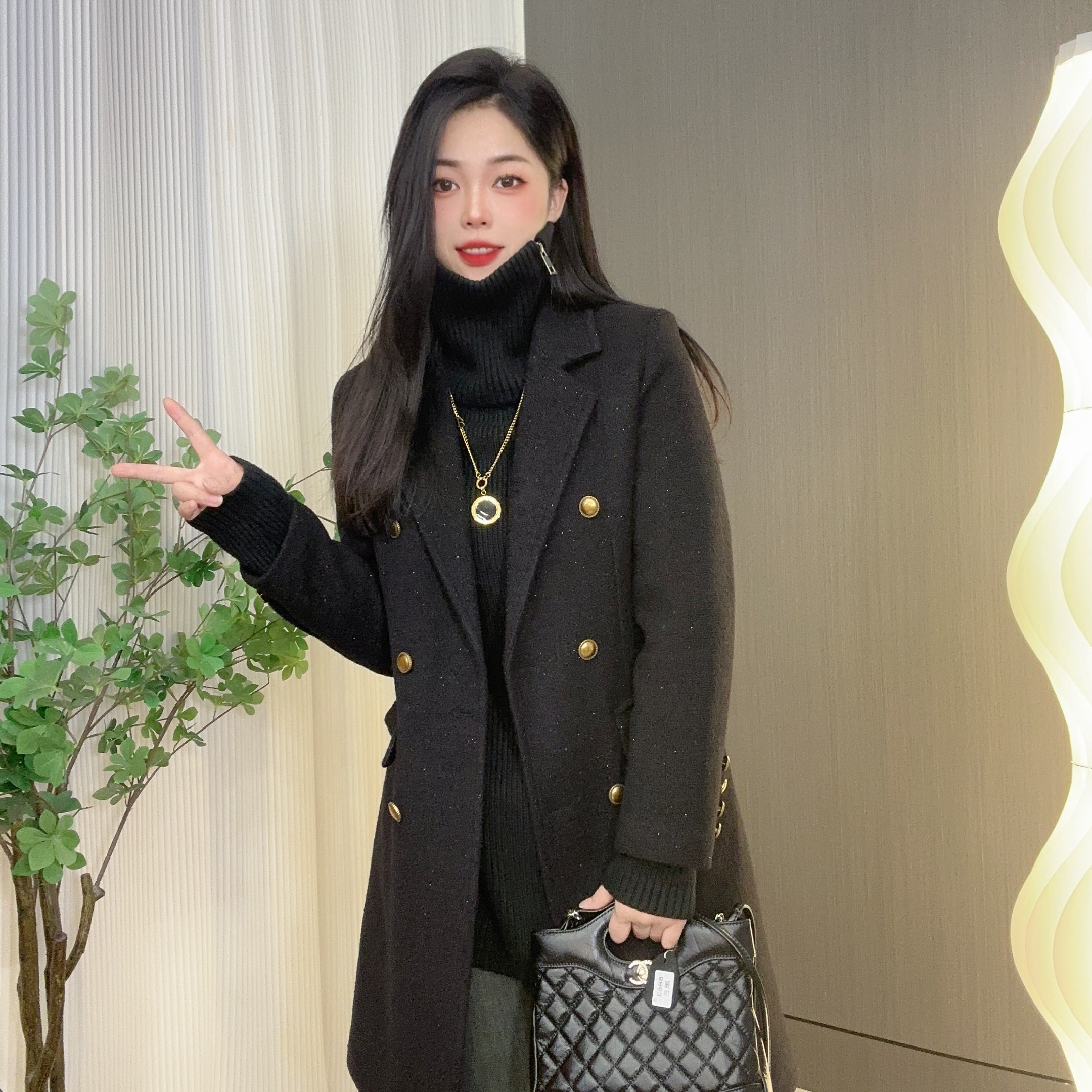 [满眼星辰] 新款毛呢大衣气质显瘦小香风百搭长款女士外套