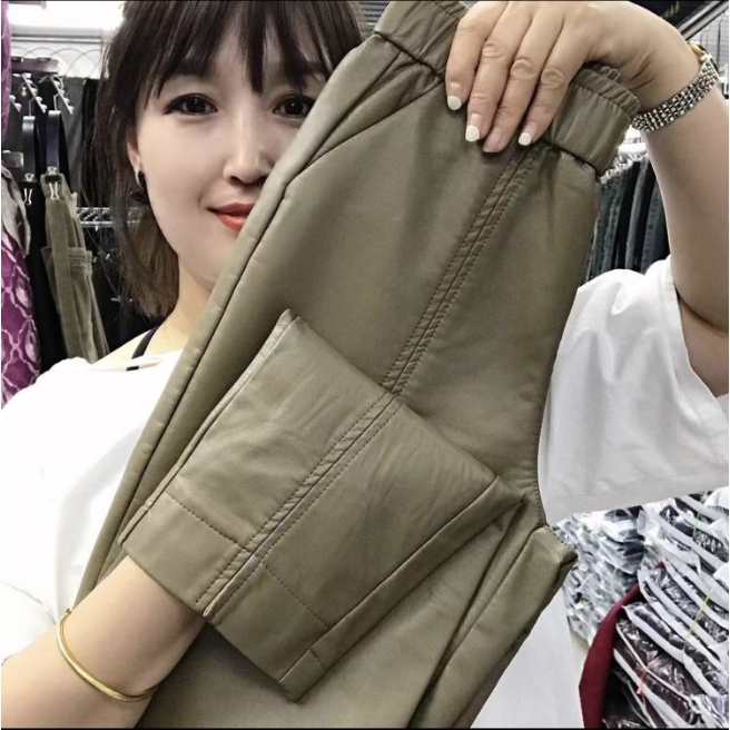 松紧腰显瘦纯色小脚水洗休闲皮裤