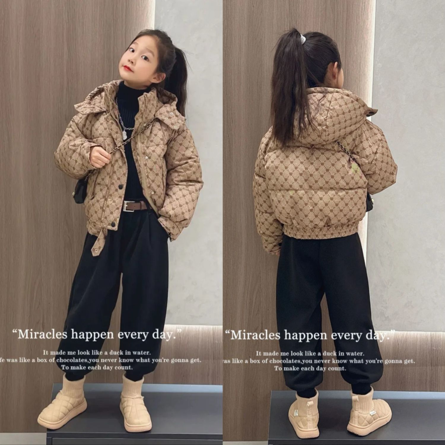 女童冬季羽绒棉服2024新款儿童洋气加厚棉衣外套加绒哈伦裤两件套