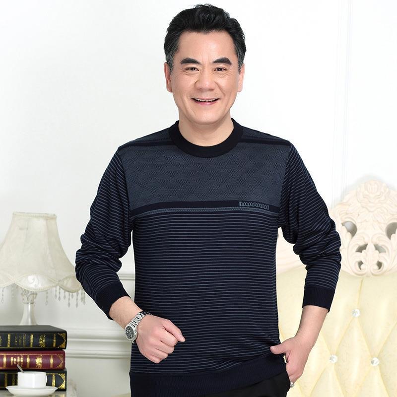 爸爸装春装上衣圆领长袖T恤男中老年男秋季薄款针织打底衫爷爷装