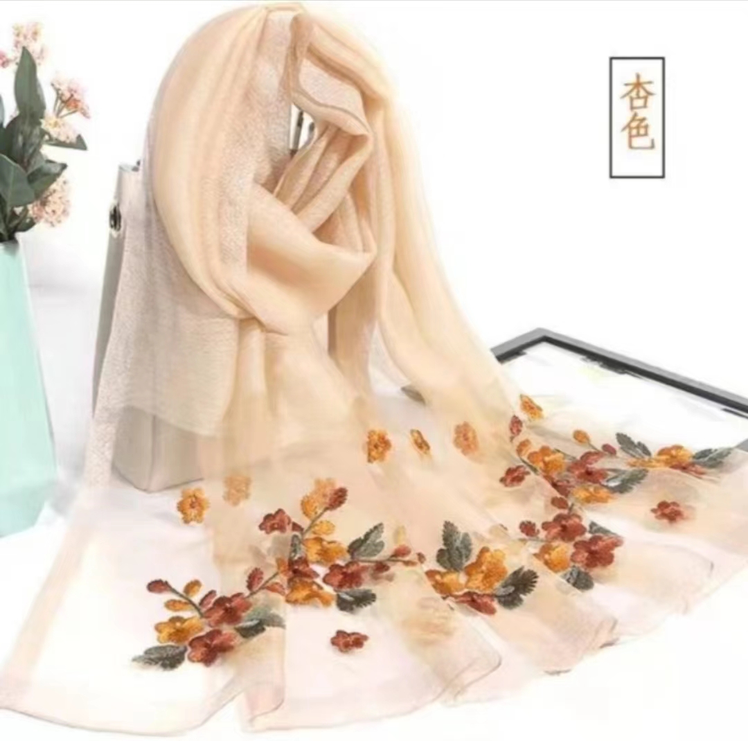 【女神必备】新款高端刺绣175*75时尚百搭围巾丝巾披肩 海棠花杏色