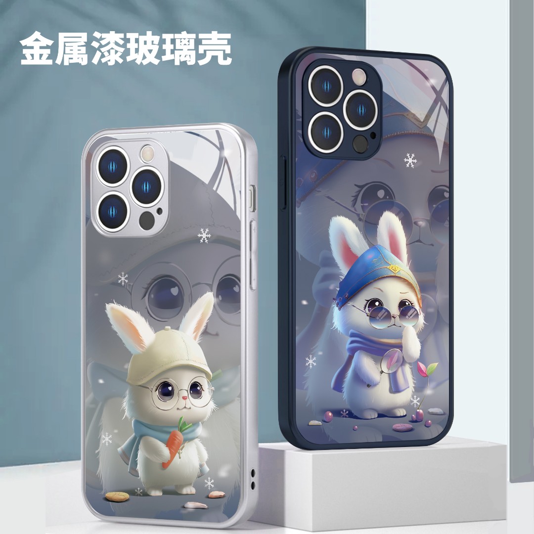 适用苹果17华为/小米oppo/vivo新年款高级感可爱小白兔玻璃手机壳