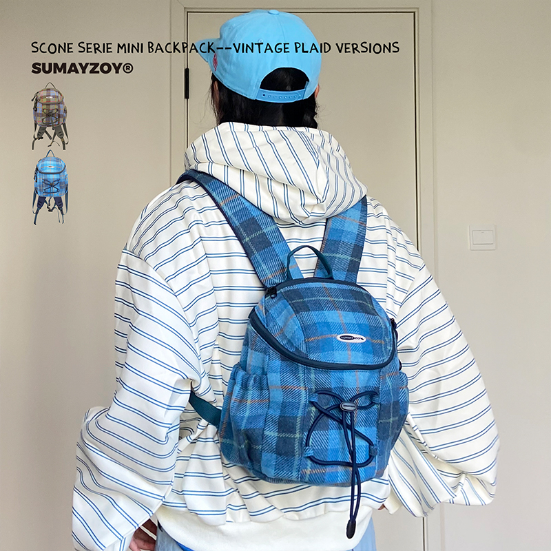SUMAYZOY双肩包2025新款复古学生书包旅游轻便英伦风格子迷你背包