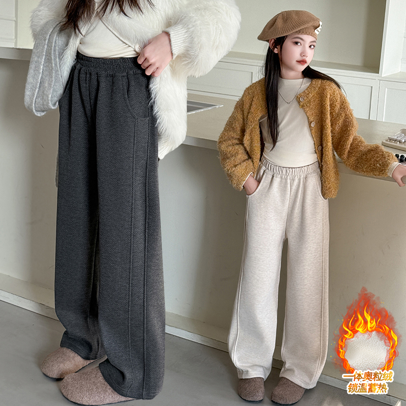 女童加绒毛呢裤子秋冬新款儿童窄版直筒裤冬季女孩大童加厚阔腿裤