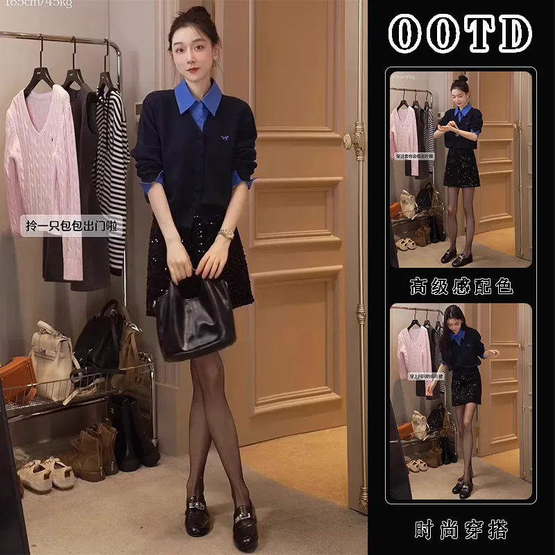 单件/甜酷辣妹穿搭套装女设计感撞色拼接polo领气质上衣高腰包臀