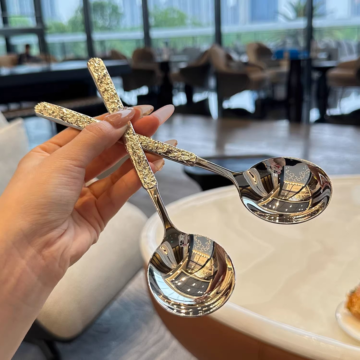 【4支】18/10长柄冰裂纹不锈钢主餐圆勺汤勺调羹餐具吃饭家用