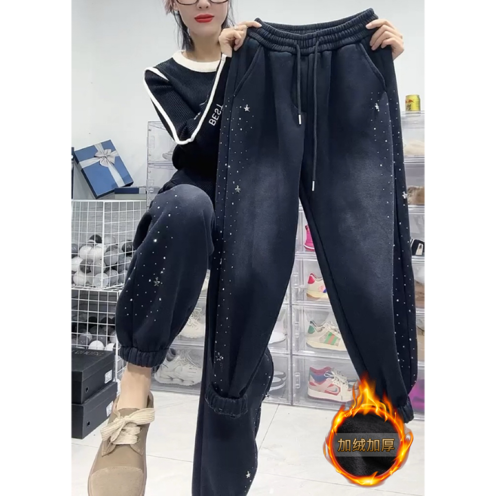 Aimeerosa/艾洛莎休闲裤宽松百搭束脚裤冬季加绒高级时尚烫钻卫裤