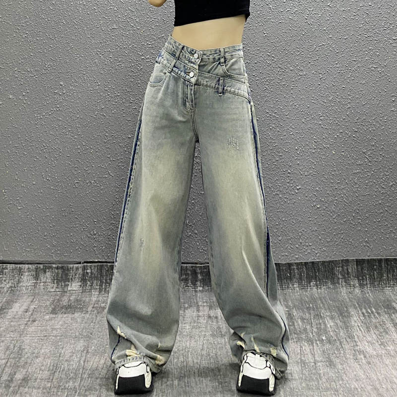 个性高腰设计侧边拼色破洞牛仔裤女秋新款宽松显瘦百搭直筒阔腿裤
