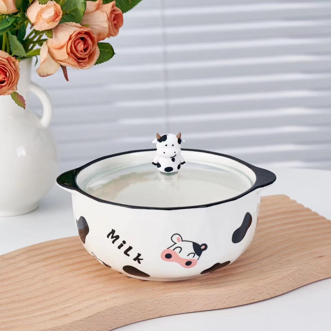 陶瓷碗家用碗盘套装奶牛连耳泡面碗带盖汤碗卡通可爱餐具