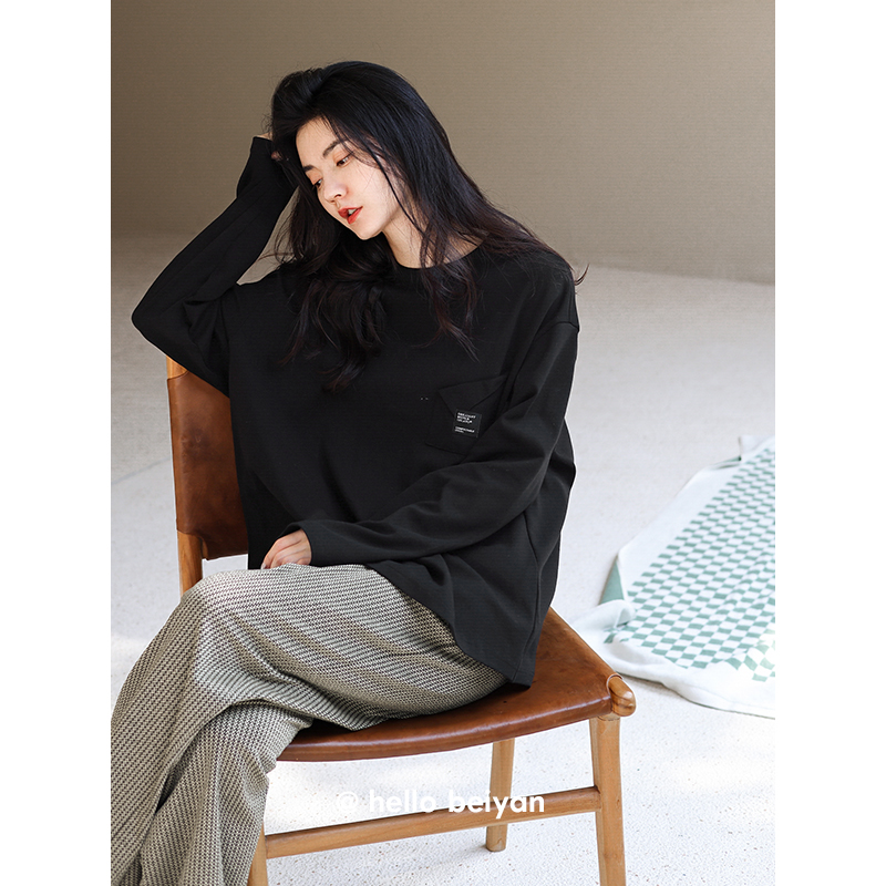 贝妍新款睡衣女春秋季柔软棉长袖家居服简约休闲可外穿女大码套装