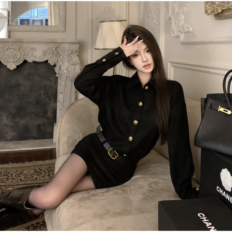 韩版气质时尚长袖包臀衬衫短裙女装秋季设计感一体收腰显瘦连衣裙