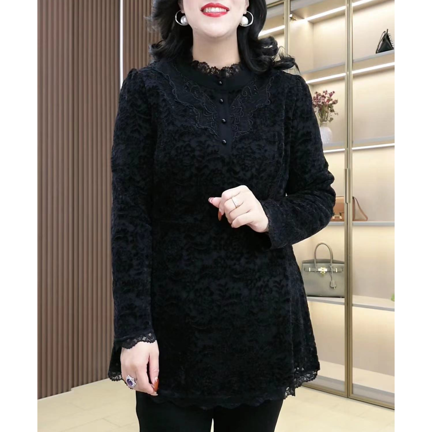 丹思慕显瘦大码女装蕾丝上衣气质长袖时尚打底加绒国风洋气ZB5558