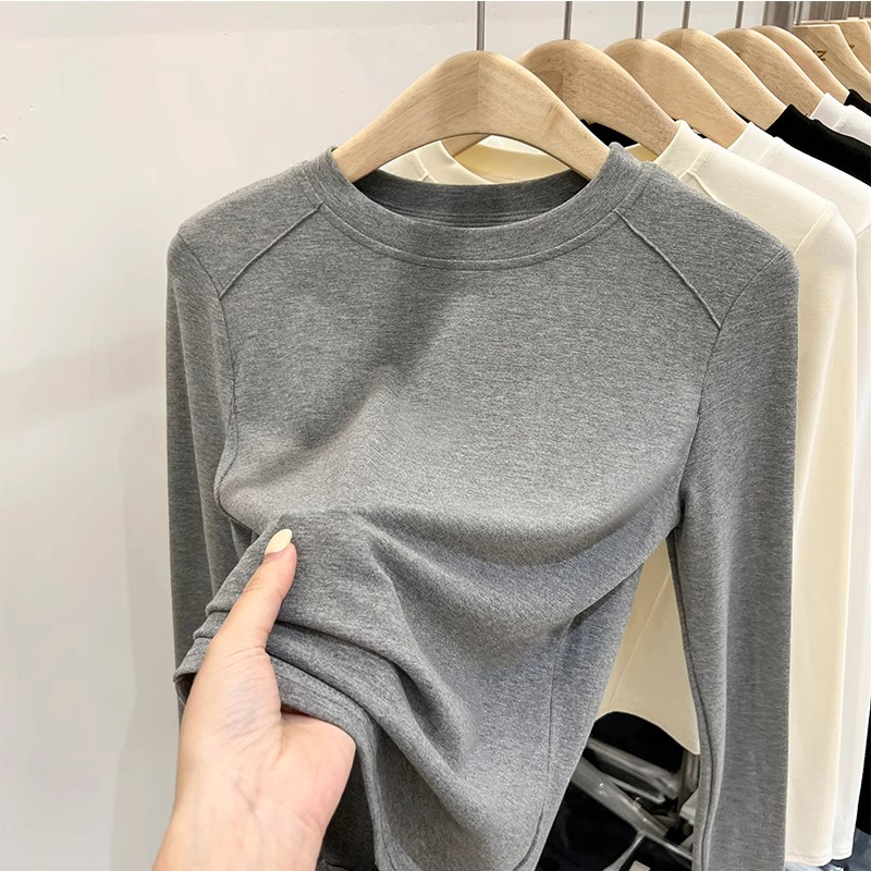 设计感长袖T恤女秋冬薄款内搭圆领打底衫韩版百搭修身纯色上衣服