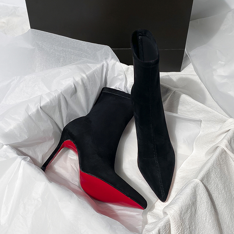 高跟短靴女2025新款爆款黑色绒面瘦瘦靴尖头性感红底高跟鞋靴子女