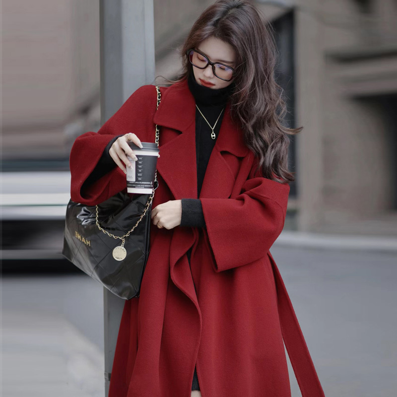 红色双面毛呢大衣女2025年冬季新款新娘结婚本命年中长款毛呢外套