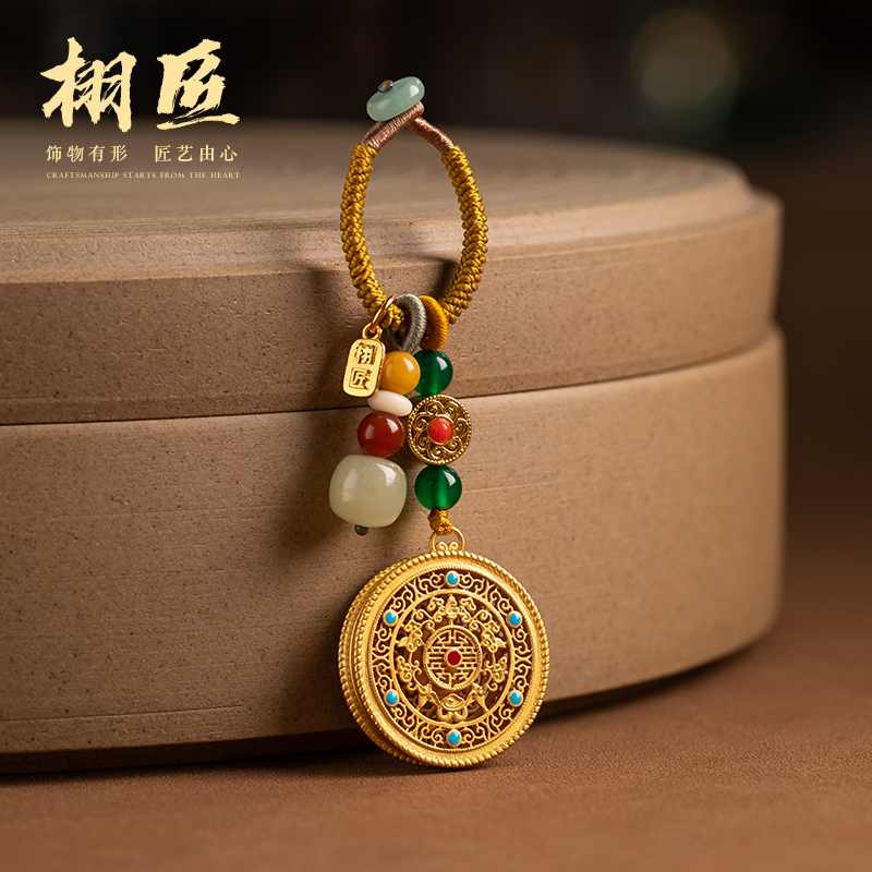 黄铜五福圆满古法金汽车钥匙扣挂件高档男财神平安汽车挂件高级感