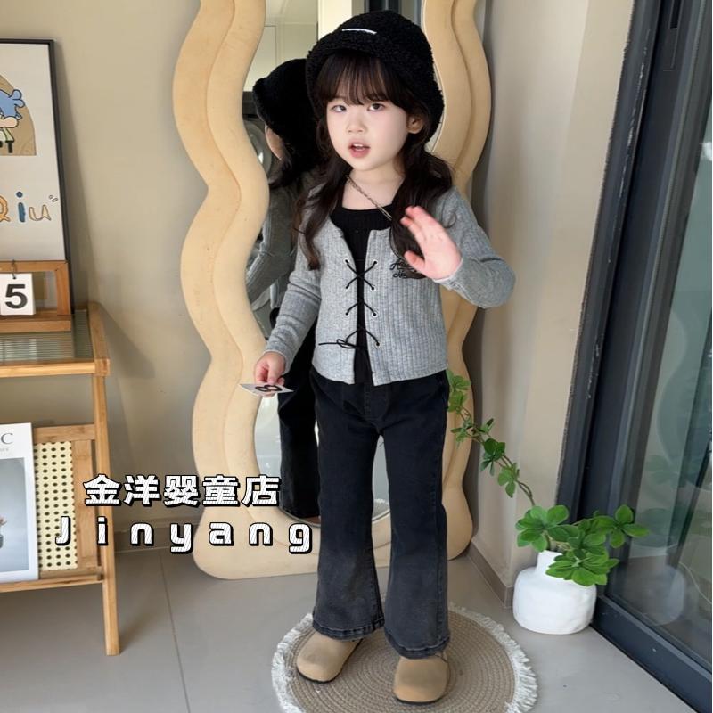 女童新款2024秋季设计感高级感假两件上衣时尚洋气牛仔裤套装HY