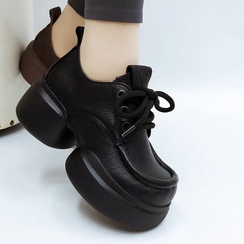 真皮单鞋女春秋新款牛皮圆头厚底松糕底系带英伦小个子女鞋乐福鞋