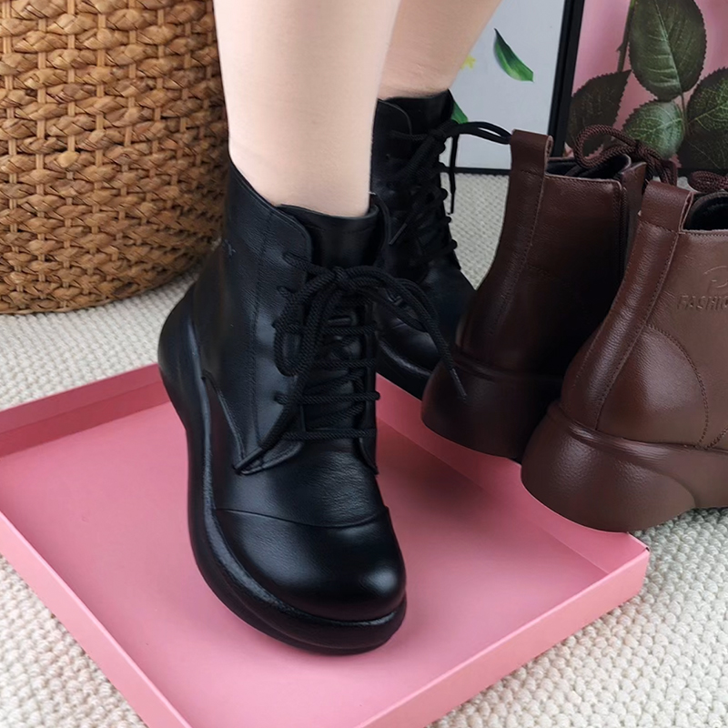 牛皮马丁靴女秋冬季新款真皮圆头厚底加绒短靴妈妈系带女靴棉靴子