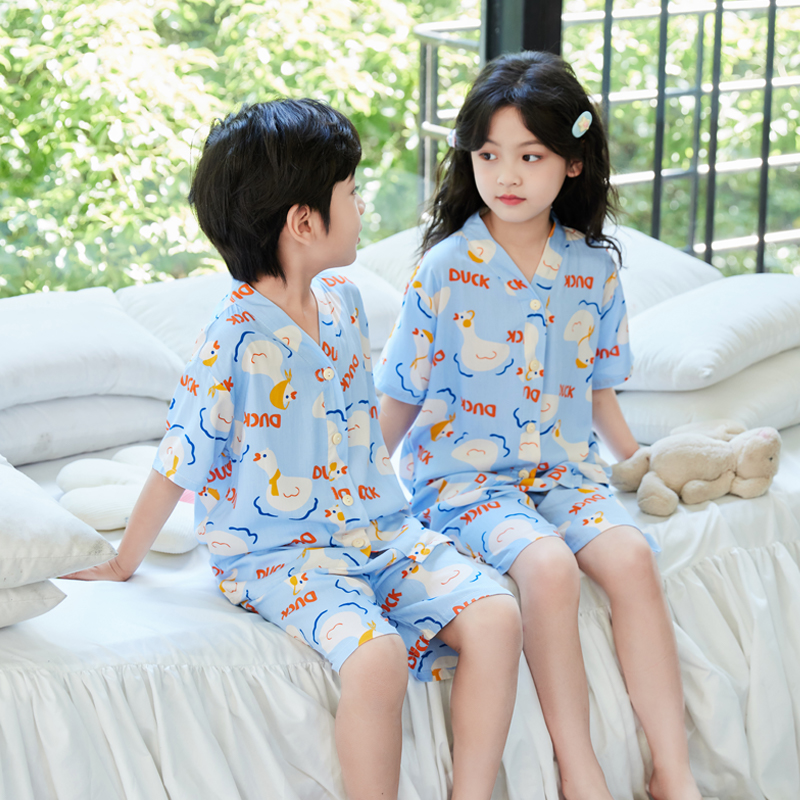 夏季薄款儿童棉绸睡衣短袖短裤家居服套装宝宝男童女童中大童