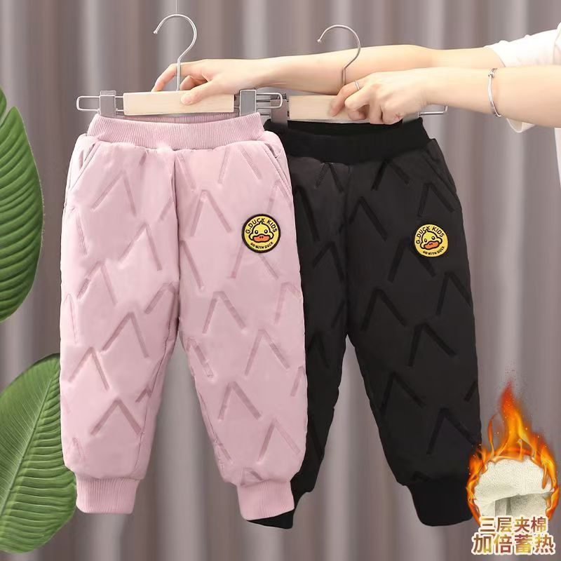小黄鸭2025儿童三层夹棉棉裤冬季加厚保暖男女童宝宝防风裤子高腰