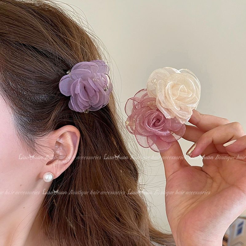 超仙网纱花朵发夹女2024新款高级感刘海抓夹小号温柔可爱夹子头饰