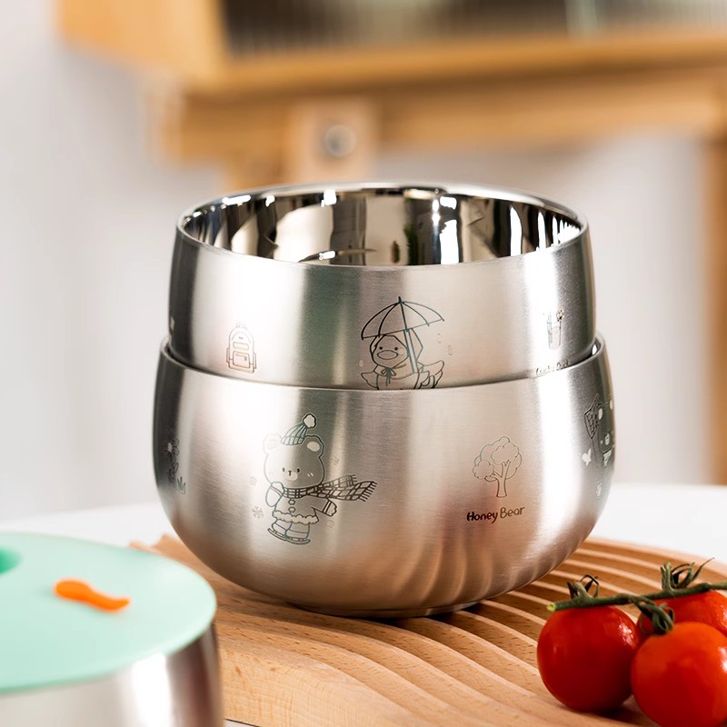 onlycook食品级316不锈钢碗儿童卡通饭碗可爱双层防烫隔热碗家用