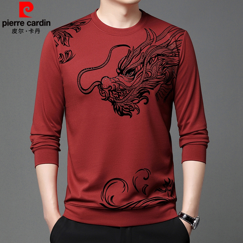 皮尔卡丹男士卫衣男春秋新款过年本命年红色男士长袖龙图圆领卫衣