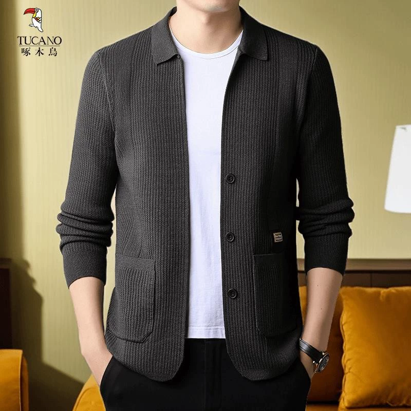 啄木鸟外穿开衫毛衣男春秋新款翻领针织衫宽松休闲薄款男士外套
