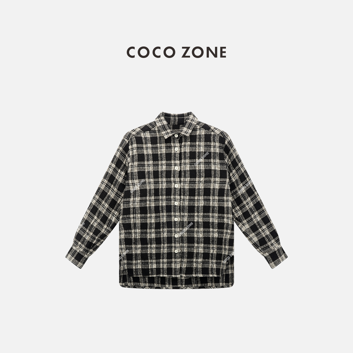 COCO ZONE 刘一一 绵羊毛棉混纺格纹翻领单排扣衬衫上衣CC1C1592
