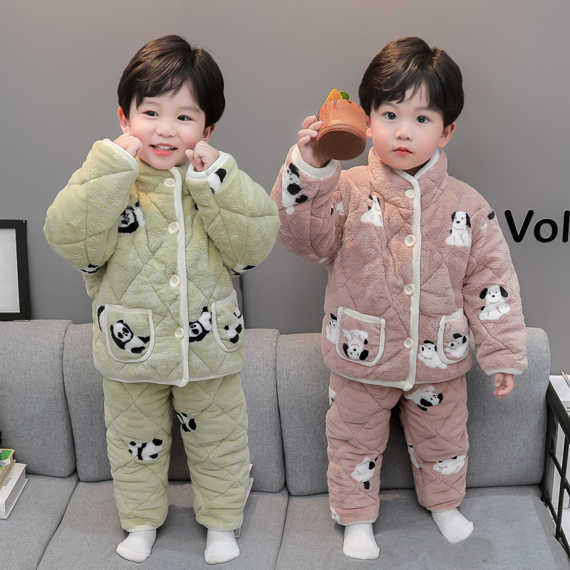 儿童睡衣冬季加绒加厚冬款三层夹棉男孩宝宝珊瑚绒棉衣男童家居服