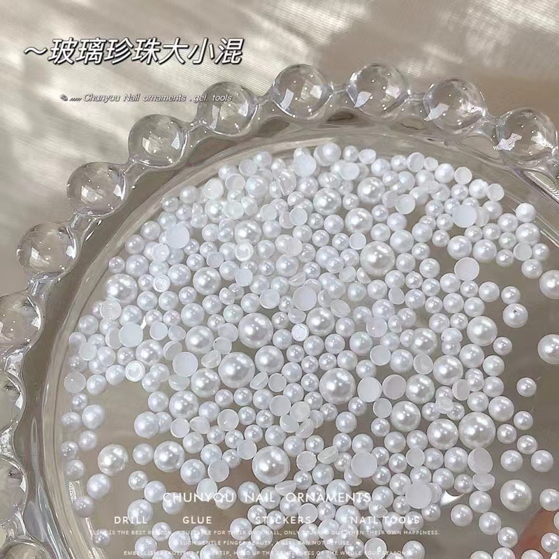 仿施家新款水晶玻璃珍珠美甲饰品高亮平底白色半圆小珍珠指甲装饰