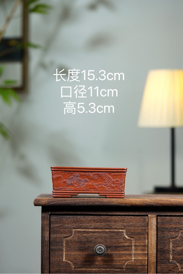 宜兴紫砂长方紫砂花盆紫砂盆清明上河图精致典雅古点13x5