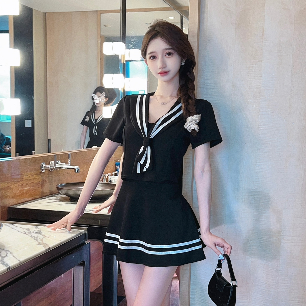 学院风时尚套装性感短袖制服上衣女夏季高腰A字裙短裙子两件套潮