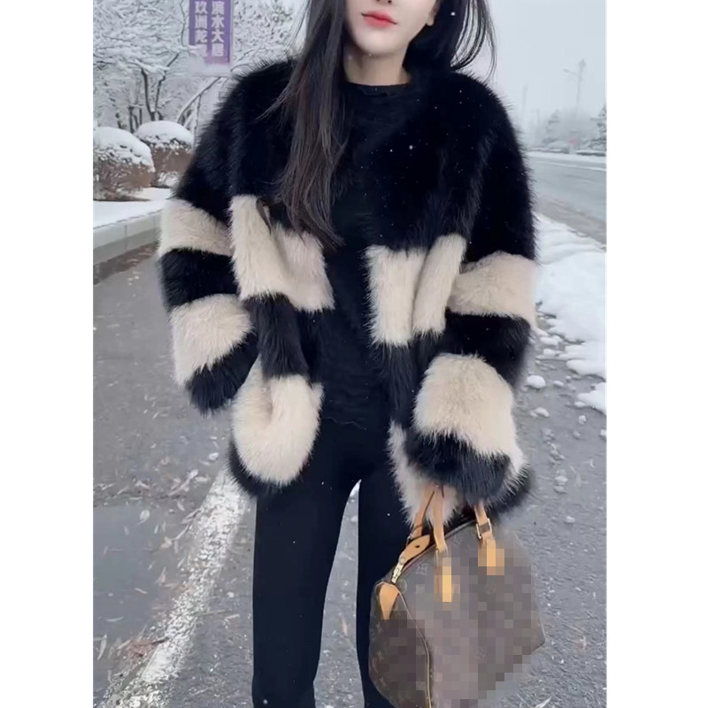 冬季新款保暖时尚宽松外套拼色洋气女装