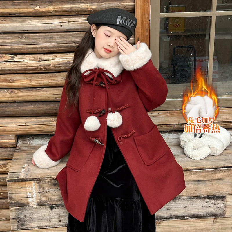 女童加绒外套秋冬装2025新款儿童洋气毛呢大衣冬季女大童新年战袍