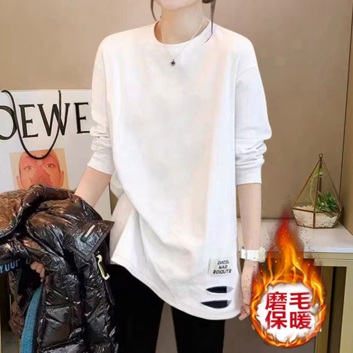 秋冬季白色加厚磨毛长袖t恤女款中长款新款内搭打底衫时尚上衣