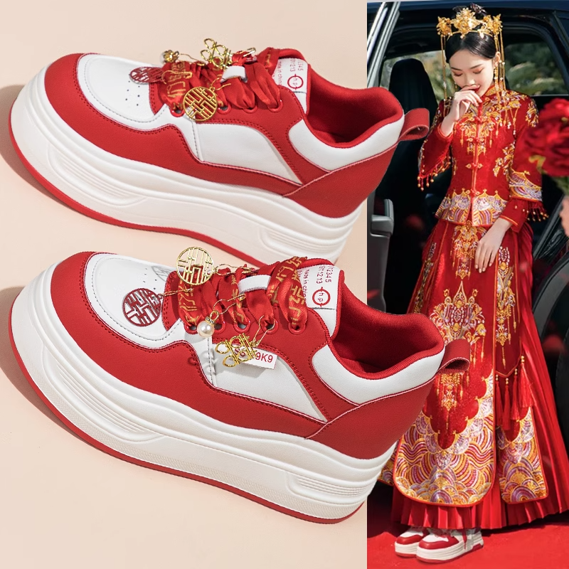 汉服红色秀禾结婚鞋女2024新款新娘鞋不累脚真皮厚底内增高休闲鞋