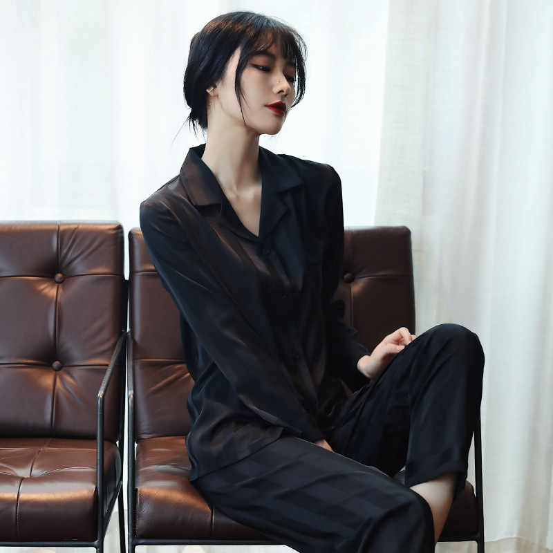 睡衣女夏季薄款黑色性感长袖冰丝女士宽松春秋家居服睡衣女套装