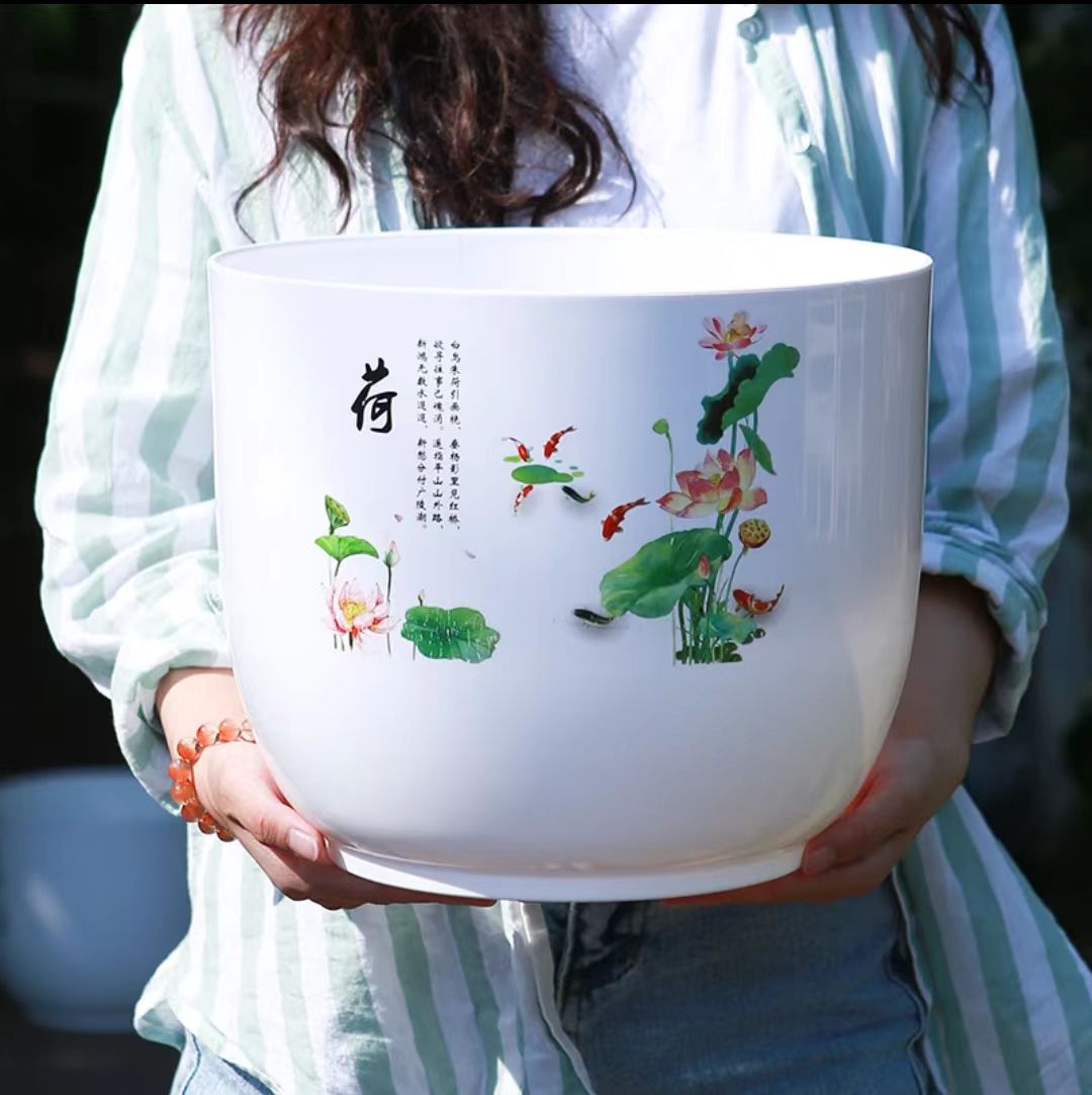 水仙花盆大口径无孔铜钱草水培盆碗莲一叶莲树脂中国风仿瓷荷花盆