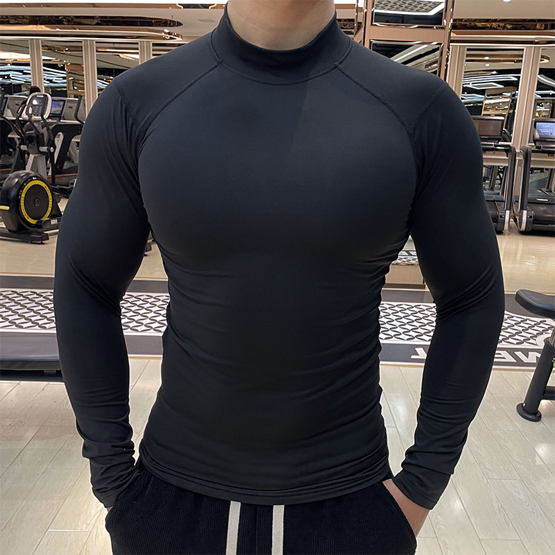 健身服男士弹力速干T恤纯色半高领紧身衣运动长袖跑步训练打底衫