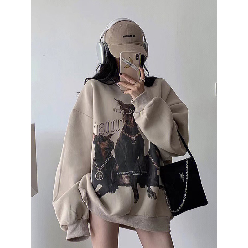 秋冬重磅美式复古杜宾犬印花宽松长袖卫衣女圆领显瘦大版慵懒风