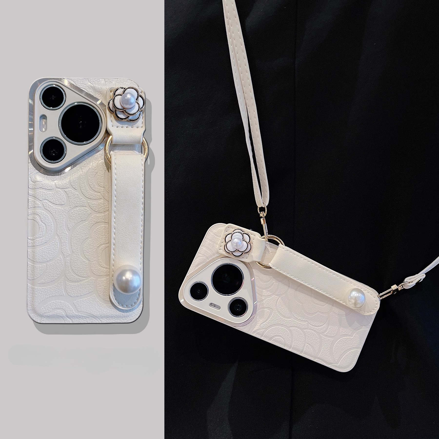 适用华为Pura70pro+/Ultra斜挎手机壳小香风皮质山茶花腕带新款女