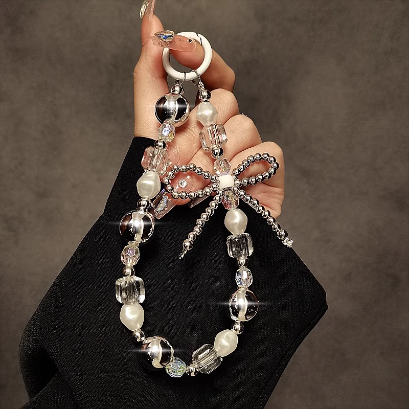 个性创意蝴蝶结串珠手提链条手腕短挂绳带夹片手机壳钥匙包包挂件