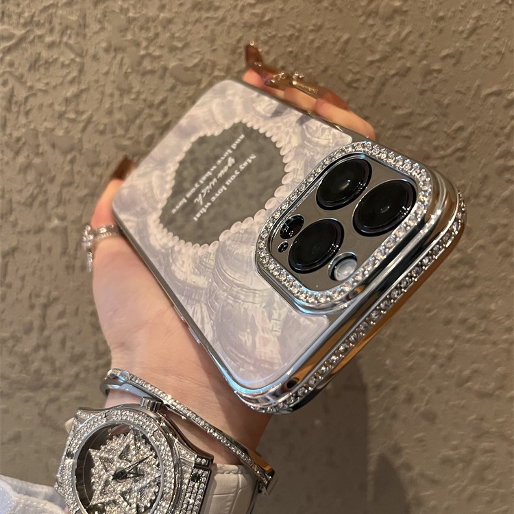 适用苹果16pro手机壳水钻硅胶全包贝壳纹补妆镜网红女款ins高级感