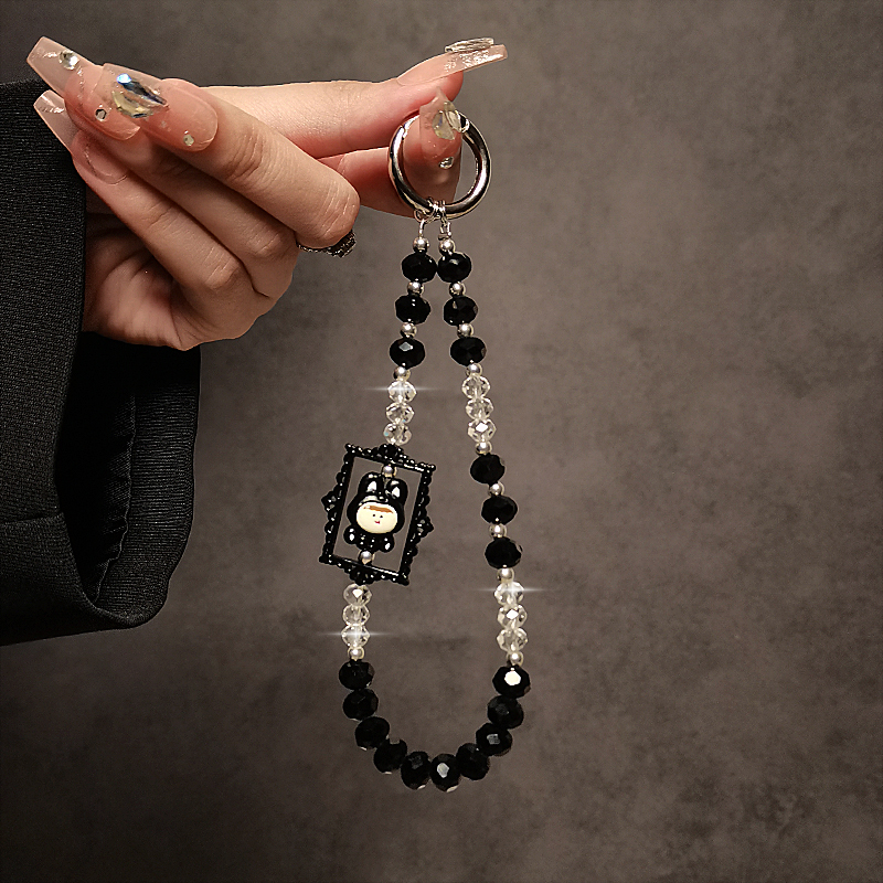 奢华高级感黑水晶串珠手链手腕短挂绳带夹片手机壳钥匙扣包包挂件