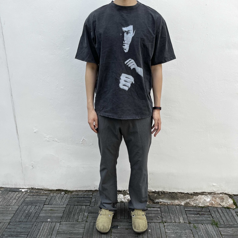 夏季纯棉水洗做旧李小龙人像印花t恤宽松美式复古cleanfit短袖潮